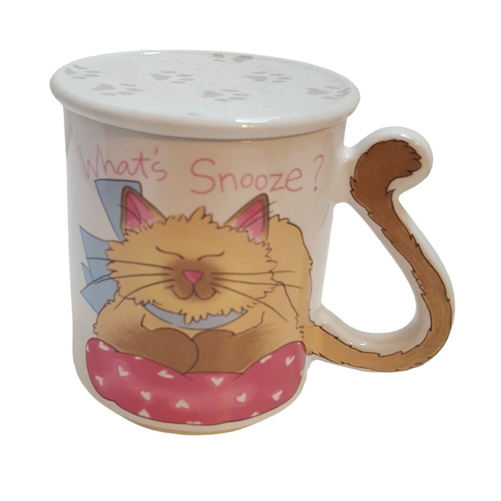 Vintage Cat Coffee Mug With Lid Ceramic Cup Tail Handle Made In Japan